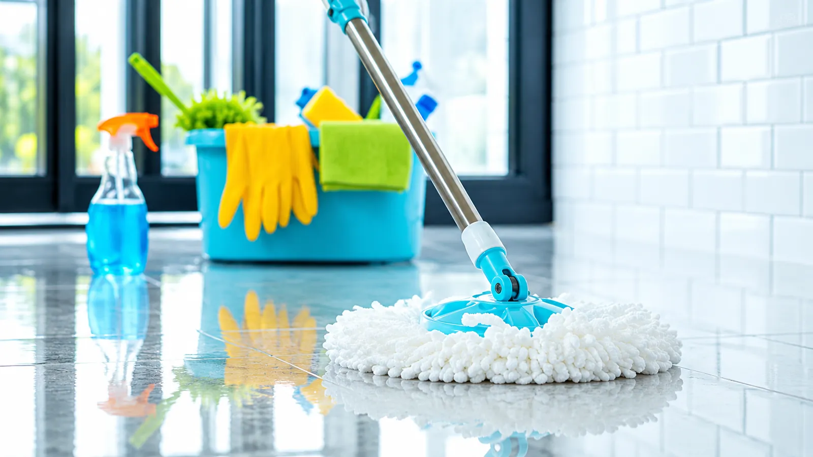 Microfibre mop on a freshly cleaned tiled floor, with a bucket of gloves, cloths and spray bottles behind